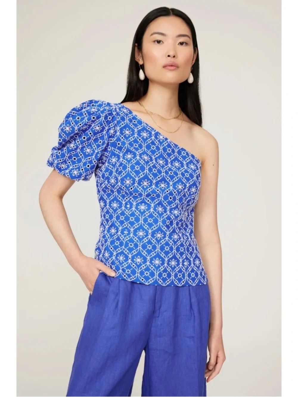 Lilly Pulitzer Blue Delilah Eyelet Embroidered One Shoulder Top